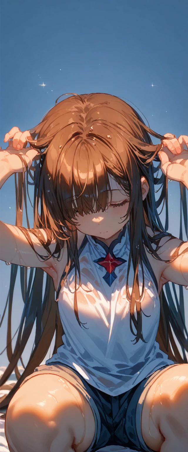 ((White background))( High Resolution の傑作, 超 High Resolution , high  Details,  High Resolution モデル,  best quality:1.2) adult woman,Brown skin,Oily, Sweaty skin,  highlight color hairstyle ,Inner Color, Bobbed bangs, wet hair, Diagonal bangs,  Cookhold Subjective (masterpiece:1.5), Super  Detailsed,  High Resolution , 8k, Beautiful Shining, Details, 1 cute girl,  very long hair, adult woman with long straight hair and dark red shiny hair,  shorts, Shining, firm thighs　Thigh Coordination 
