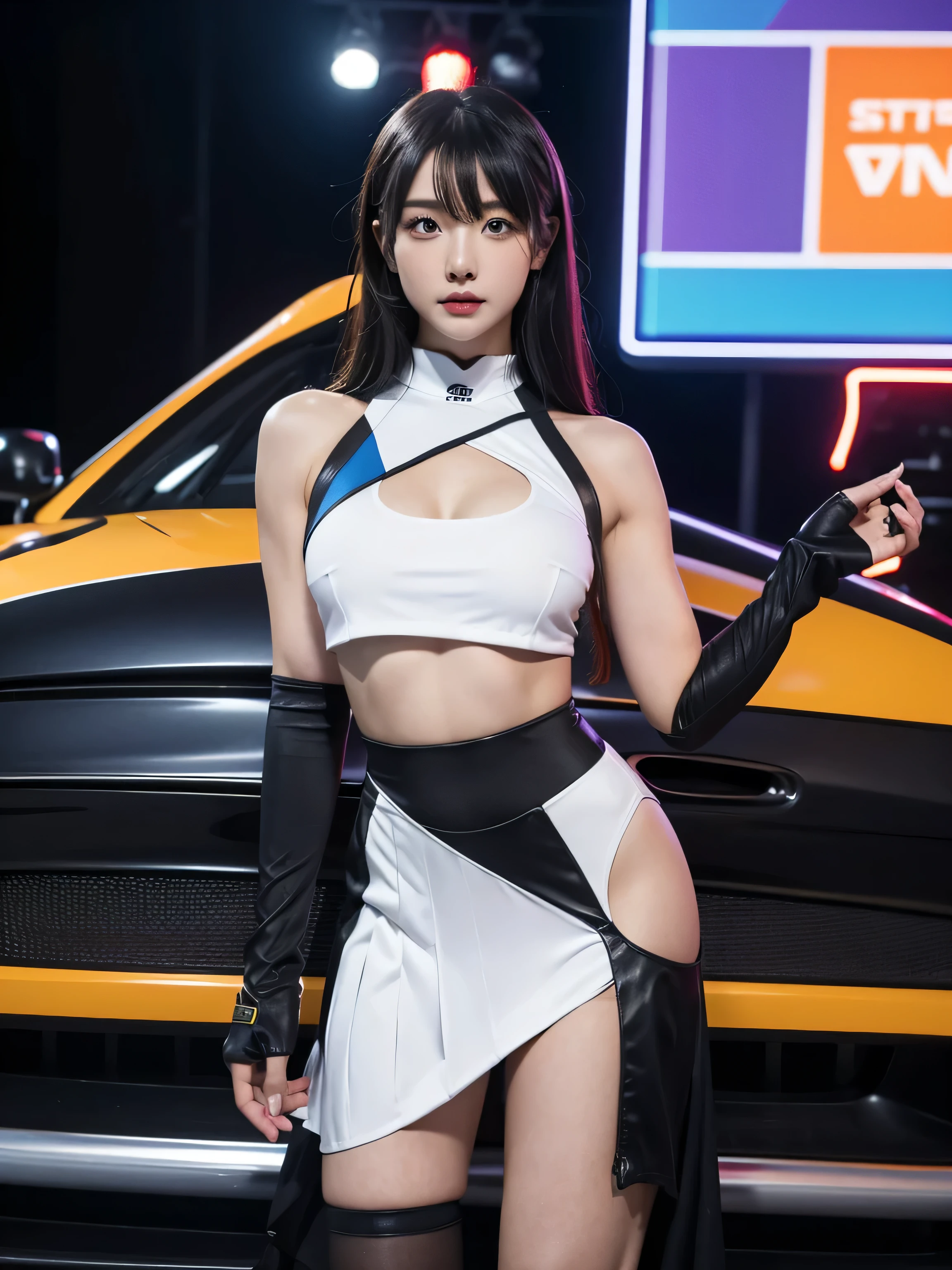 Super detailed photos、Detailed face、Lip gloss、Cool woman、Colorful costumes、F1 Driver Cosplay、Colorful costumes、Clothing with company logo、Grid Girlsのカラフルで派手な衣装、Grid Girls、Perfect Face、Paddock Girls、Harem、motor Show、tights、Bodycon Costumes、Grid Girls、Russia、Grid Girlsのコスプレ、belly button、Pleated skirt、Bodycon Costumes、Legs open pose、Spread your legs to show your crotch