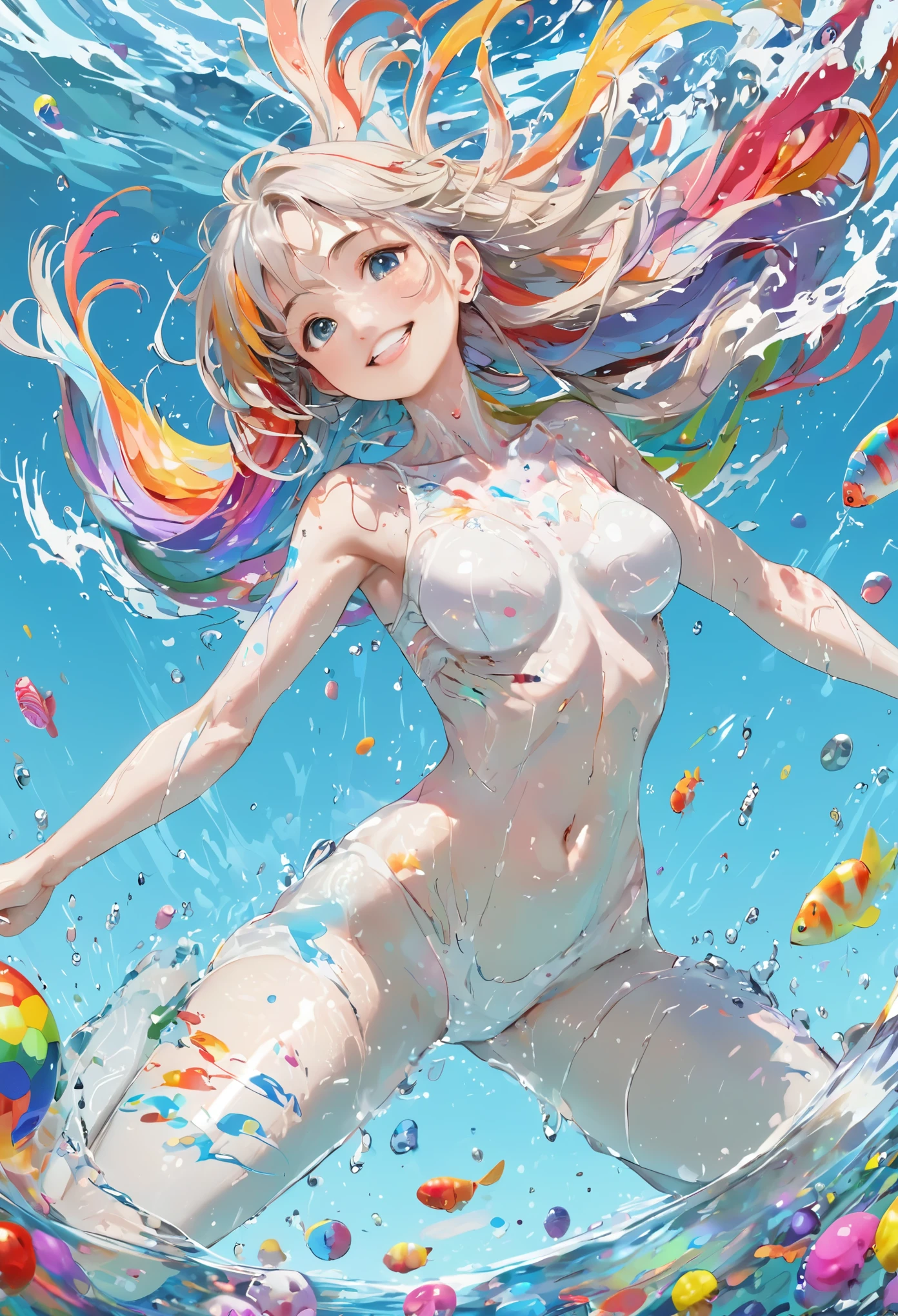 (masterpiece, Best Quality, Official Art:1.2), (colorful),  Perfect Anatomy, Gazing at the audience,One Girl, Alone, White background , floating colorful water,  super precise illustrations ,  every detail is elaborately drawn , Dynamic Angle, Beautiful details, 8k, 壊す smiling amidst the colorful scenes, ( High Resolution ),  Anime style 