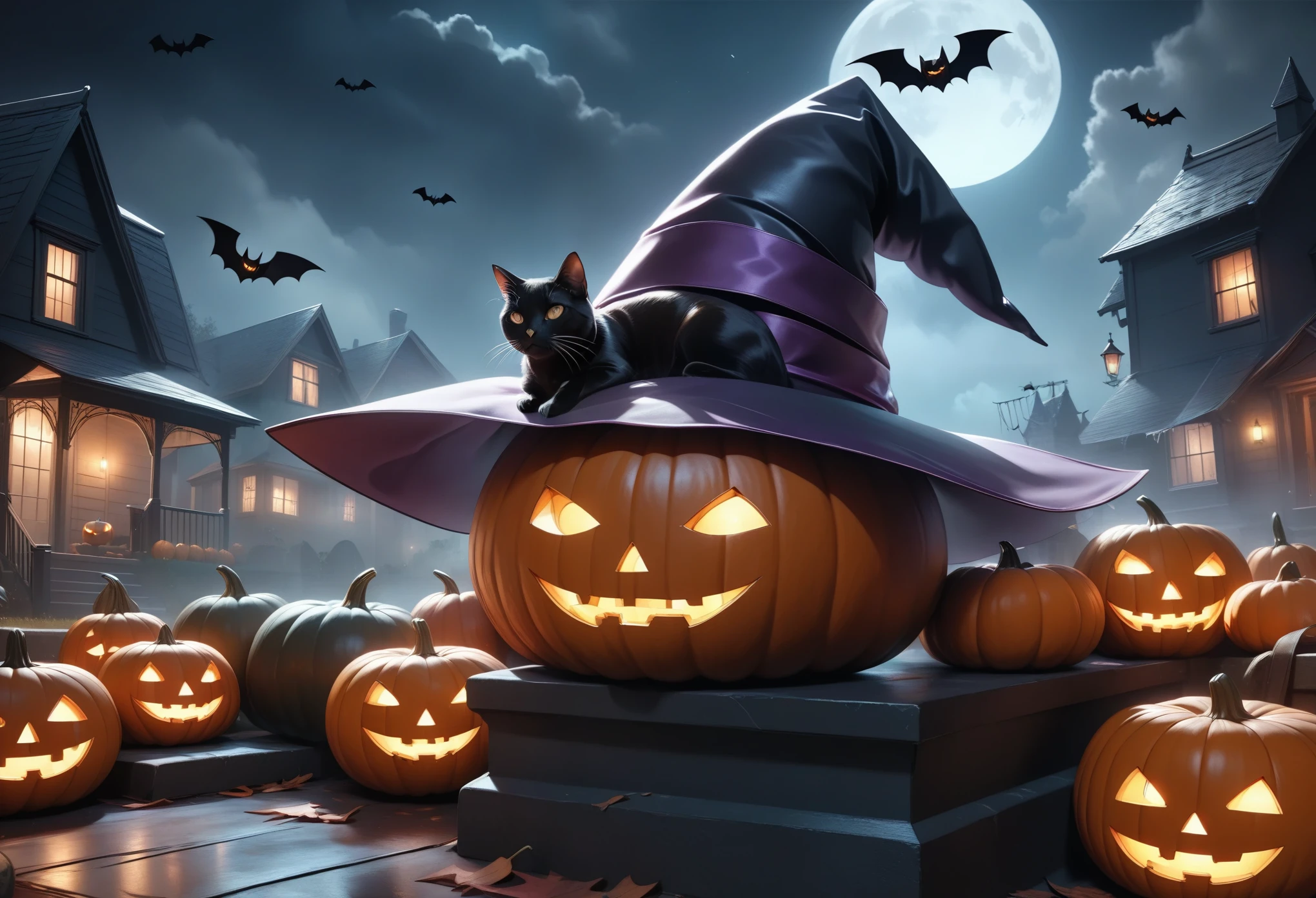 A dark,spooky haunted house at night, full moon in the sky, bats flying, pumpkins with carved faces, cobwebs, eerie fog, Halloween decorations, black cats, witches hats, (best quality,4k,8k,highres,masterpiece:1.2),ultra-detailed,(realistic,photorealistic,photo-realistic:1.37),dark moody colors,dramatic lighting,horror,fantasy,cinematic