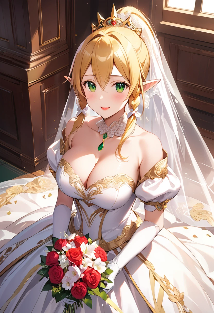 Best Quality、Super detailed、 shiraf panties 、Ultra-high-definition CG、８k size wallpaper、Production art、Light novel illustrations、（１people々 girl)、
Leafa、girl1people、Blonde、 long hair、Pointy ears、 ponytail、 Had、ツイン Had、Green Eyes、 cleavage、Hair between the eyes、Big Breasts、Elf、clavicle、超 long hair、gem、Hair accessories、ハイ ponytail、Red lipstick, A smile full of happiness、 puff sleeves、Wedding Veil、Tiara、 cleavageカットアウト、 Luxurious Wedding Dress with Sumptuous Gold Embroidery and Trim、White Dress、  white gloves、 long skirt、 white stiletto heels 、With a bouquet in both hands、 