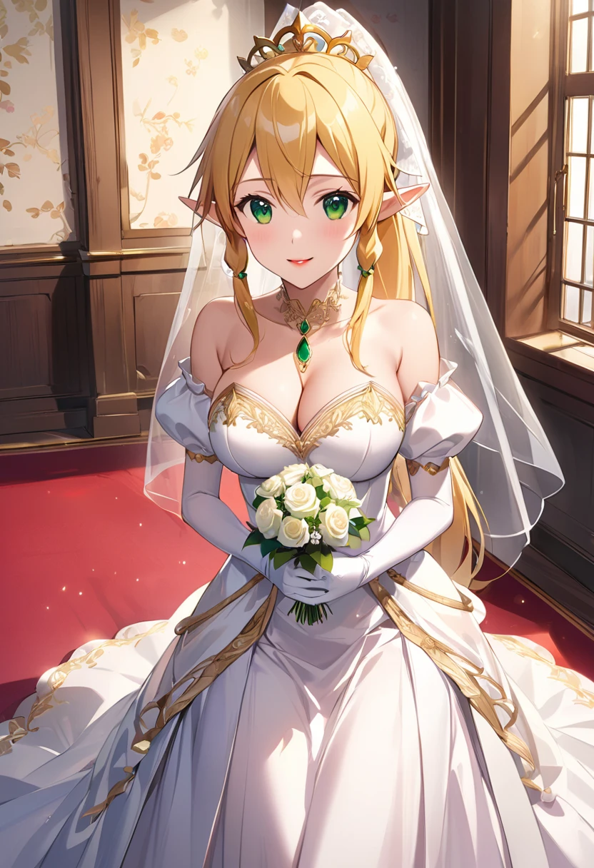 Best Quality、Super detailed、 shiraf panties 、Ultra-high-definition CG、８k size wallpaper、Production art、Light novel illustrations、（１people々 girl)、
Leafa、girl1people、Blonde、 long hair、Pointy ears、 ponytail、 Had、ツイン Had、Green Eyes、 cleavage、Hair between the eyes、Big Breasts、Elf、clavicle、超 long hair、gem、Hair accessories、ハイ ponytail、Red lipstick, A smile full of happiness、 puff sleeves、Wedding Veil、Tiara、 cleavageカットアウト、 Luxurious Wedding Dress with Sumptuous Gold Embroidery and Trim、White Dress、  white gloves、 long skirt、 white stiletto heels 、With a bouquet in both hands、 