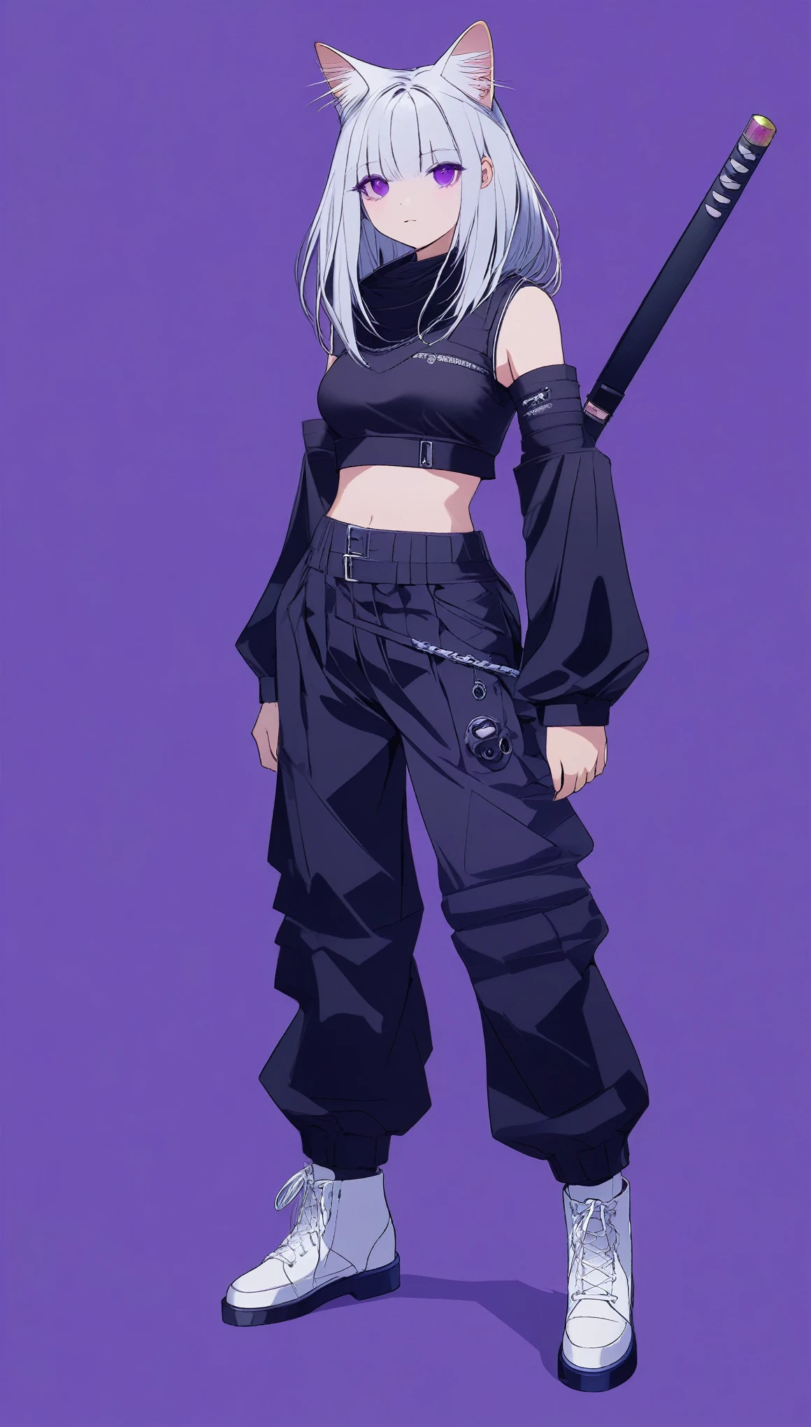 purple silver middle hair, cat ears, purple eye, crop top, put on a off shoulder black open hoodie, black slit skirt, leather belt, katana, cyber punk