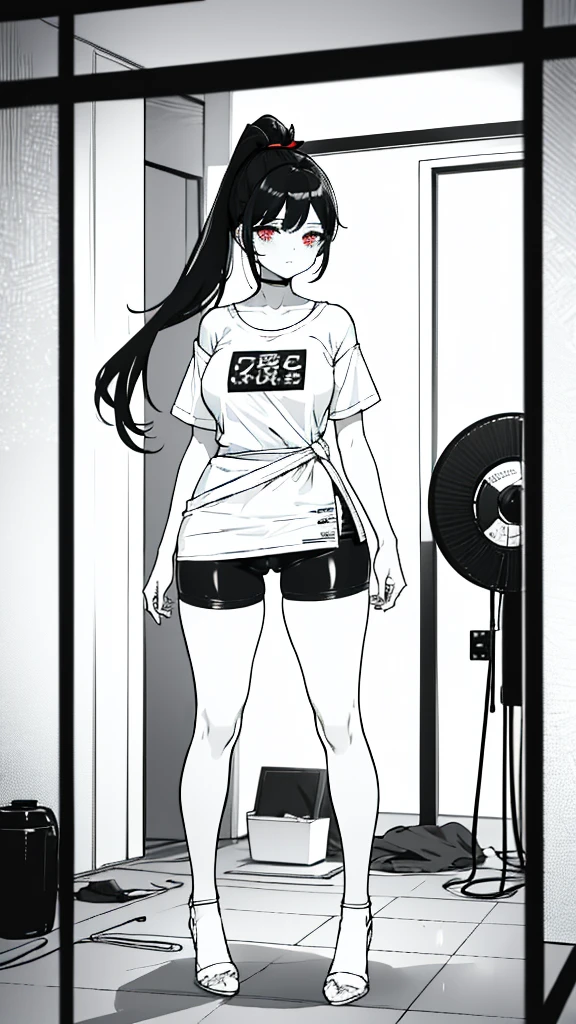 Using pantimedias, Waist length wavy black hair, piercing gaze with deep red eyes, average height, waist-length black hair, Silky hair with a ponytail hairstyle tied with a red ribbon with two white lines, has a , has , cup to, small , slim, foreground, session, standing in her room, standing in her room, wearing pantyhose, Using pantimedias, Picardias, neckline, looking at the spectator, smile, ((oversized t-shirt)), off the shoulders, washing machines, thighs, ((camiseta blanca)), standing, hands on ,, shoes, blush, from below, thighs gorditos, thighs grandes, big , hands behind back, lost look