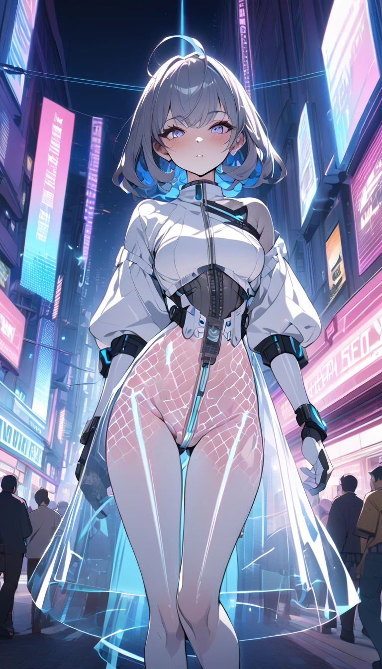 reelmech,
maid android,(((1girl))),((anime mechanical robot girl with extremely cute and beautiful pale blue hair hair walking seductively down the street)),
(large breasts:1.4),saggy breasts,(((pale blue bob hair:1.35,colored inner hair,short hair, ear breathing))),(((doll))) ,((pale blue eyes,pale white skin,doll joints,mechanical hands,silver armored dress,tesla coils, maid mechanical doll, Body of a machine,metallic skin, ball joint, no facial features, data in the eyes,)),((blue eyes:1.3,upturned eyes:1.3,perfect eyes,beautiful detailed eyes,gradient eyes:1,finely detailed beautiful eyes:1,symmetrical eyes:1,big highlight on eyes:1.2)),((fat)),(((lustrous skin:1.5,bright skin: 1.5,skin tanned,shiny skin,very shiny skin,shiny body,plastic glitter skin,exaggerated shiny skin))),(spider lower abdomen,narrow waist,wide hip,athletic body,inflated legs,delicate detailed fingers,detailed body,detailed arms,human hands, detailed hands),
cute,slutty,seductive,erotic,nsfw,
(maid headdress), bare_shoulders, delicate metal decorations, Headdress, (maid), sleeveless, miniskirt, boots, cleavage_cutout, bare_legs,(detailed outfit,detailed clothes),
(dynamic pose:1.0),solo focus,embarrassed,centered,scale to fit dimensions,Rule of thirds,
outdoors, ((night view)), (cyberpunk night street Background: 1.5,dark sky,alleyway,lonely alley,thick clouds, detailed background:1.25),
(best quality), (high resolution), (sharp focus), (ultra detailed), (extremely detailed), (extremely high quality artwork), 8k_wallpaper, (extremely detailed CG 8k),(very fine 8K CG), ((hyper super ultra detailed perfect piece)), flawless, (((masterpiece))), illustration, vibrant colors, (intricate), High contrast, Selective lighting, Double exposure, HDR (High Dynamic Range), Post-processing, Background blur,