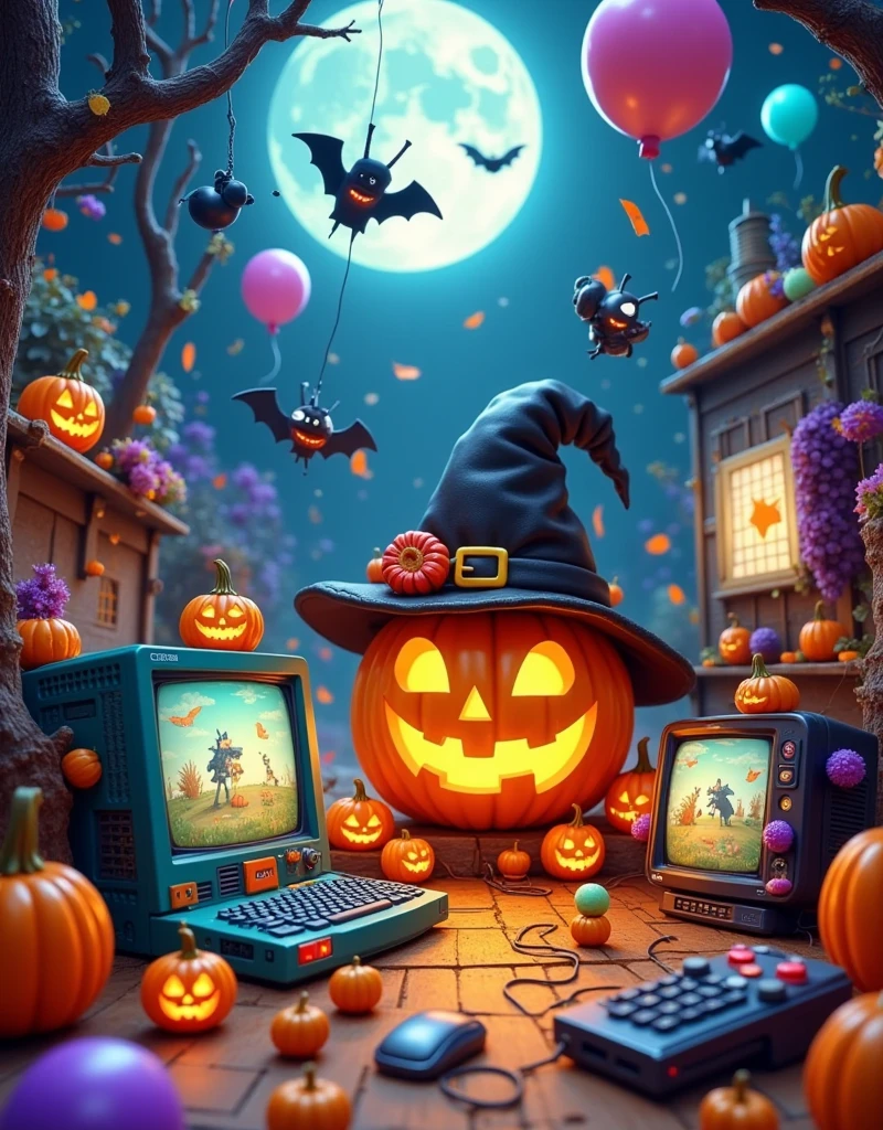 This image is a digital illustration of a Halloween scene. In the center of the picture,there is a large pumpkin with a jack-o '-lantern face carved into it. Pumpkin wears a black witch's hat with a gold buckle and a red flower. The witch was standing on the wooden floor,surrounded by other pumpkins. There are also bats flying around the pumpkin with a full moon in the background. The overall color scheme is orange,black and white,giving a strange and festive feeling., This image shows a variety of electronic devices and accessories scattered across a blue surface. In the center of the image,there is a blue and green vintage-style laptop with a large screen. The computer is surrounded by other electronic devices such as keyboards,mice,game controllers and small robots. On the right side of the computer,there are two small black and purple TVS with a cartoon character on the screen. In the background is a dark blue wall with patterned wallpaper. The overall color scheme is bright and vibrant,giving a playful and whimsical feel.