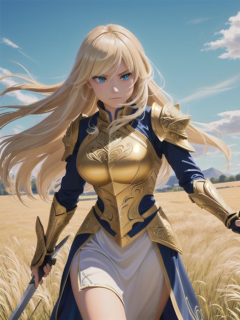 A fierce female warrior with flowing blonde hair, her face filled with ...