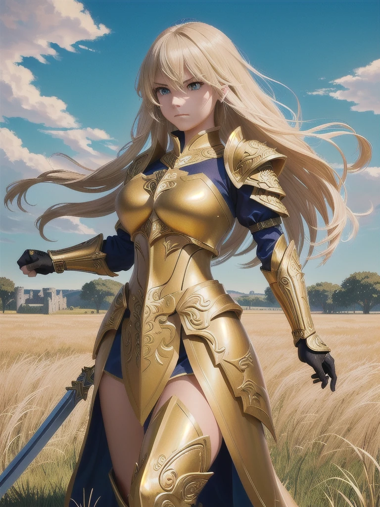 A fierce female warrior with flowing blonde hair, her face filled with determination and intensity. She raises her golden sword, pointing it forward, as if commanding her troops or challenging the enemy. Her intricately detailed golden armor and shield gleam in the bright sunlight, with complex and ornate designs that catch the light. The wind gently sweeps through the vast grassy field, causing the tall grass to sway. In the distance, a massive castle stands as a silent witness to the battle that is about to unfold. The sky is clear and blue, adding a sense of calm before the impending storm of war, while her focused eyes blaze with courage and a readiness for the fight.