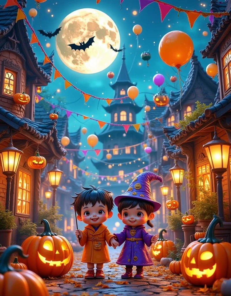 (tmasterpiece), ( super detailed :1.3)，Best quality，(flash:1.2)，( fantasy Halloween world :1.4)，( Van Gogh Halloween :1.5),((( delicious candy ， cute wizard ，Pumpkin monsters，mummy， superheroes and other Halloween decorations )))， Fantasy World， cute cartoon design style ，night，Sky，Chop the moon，色彩Bright，Bright，1. 4x realistic ， Ultra HD， are displayed in this beautiful scene，(Very detailed，Well-designed ，Clear lines，High definition，masterpiece， Official Art ， Film Light Effects ，8k)