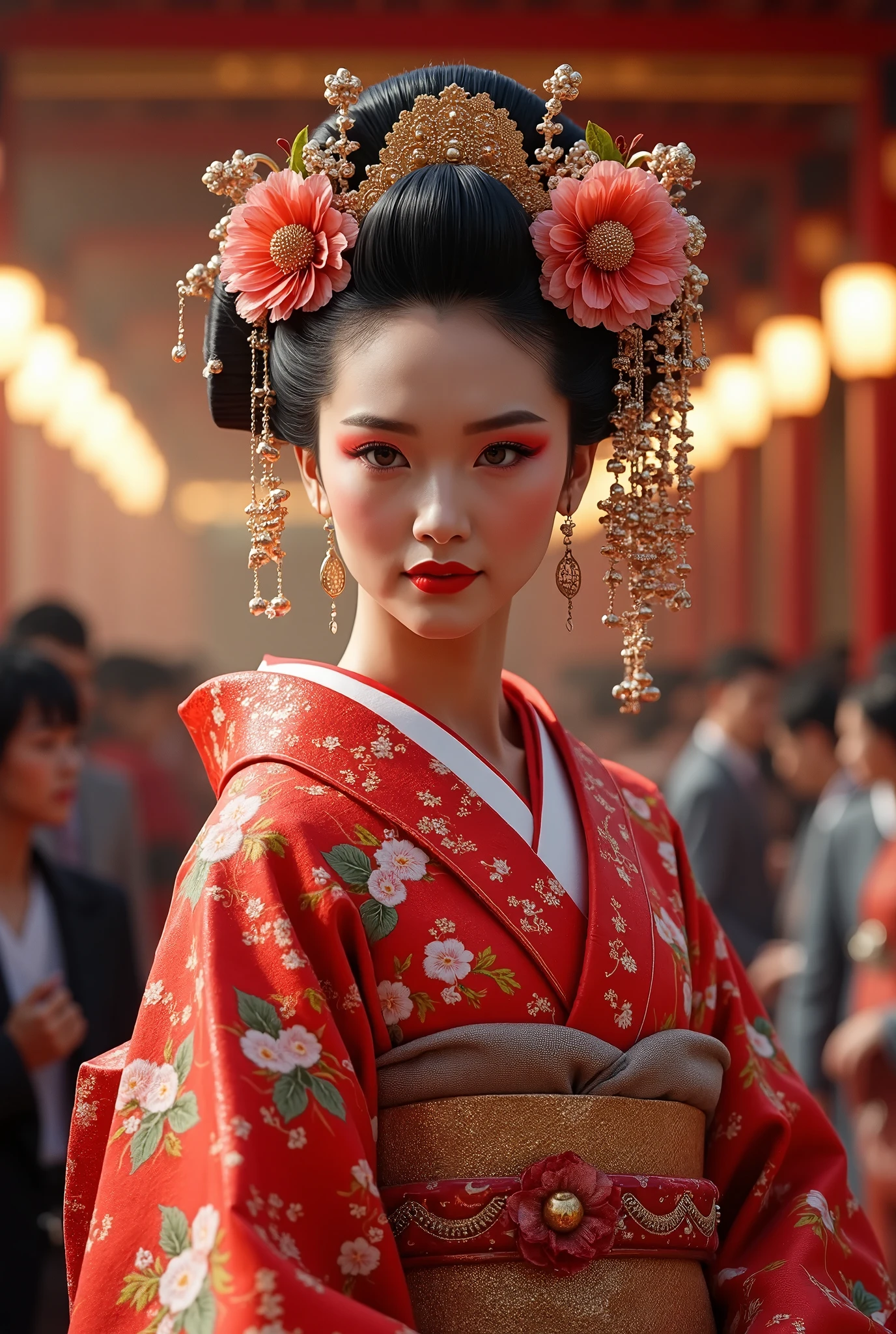 anime、 Fashion Show、Kabuki Stage、Beautiful Flower Girl 、花魁の Fashion Show、 Glittering Light and Costume ,Hanakai's red eyeliner is characteristic, flower opening makeup 