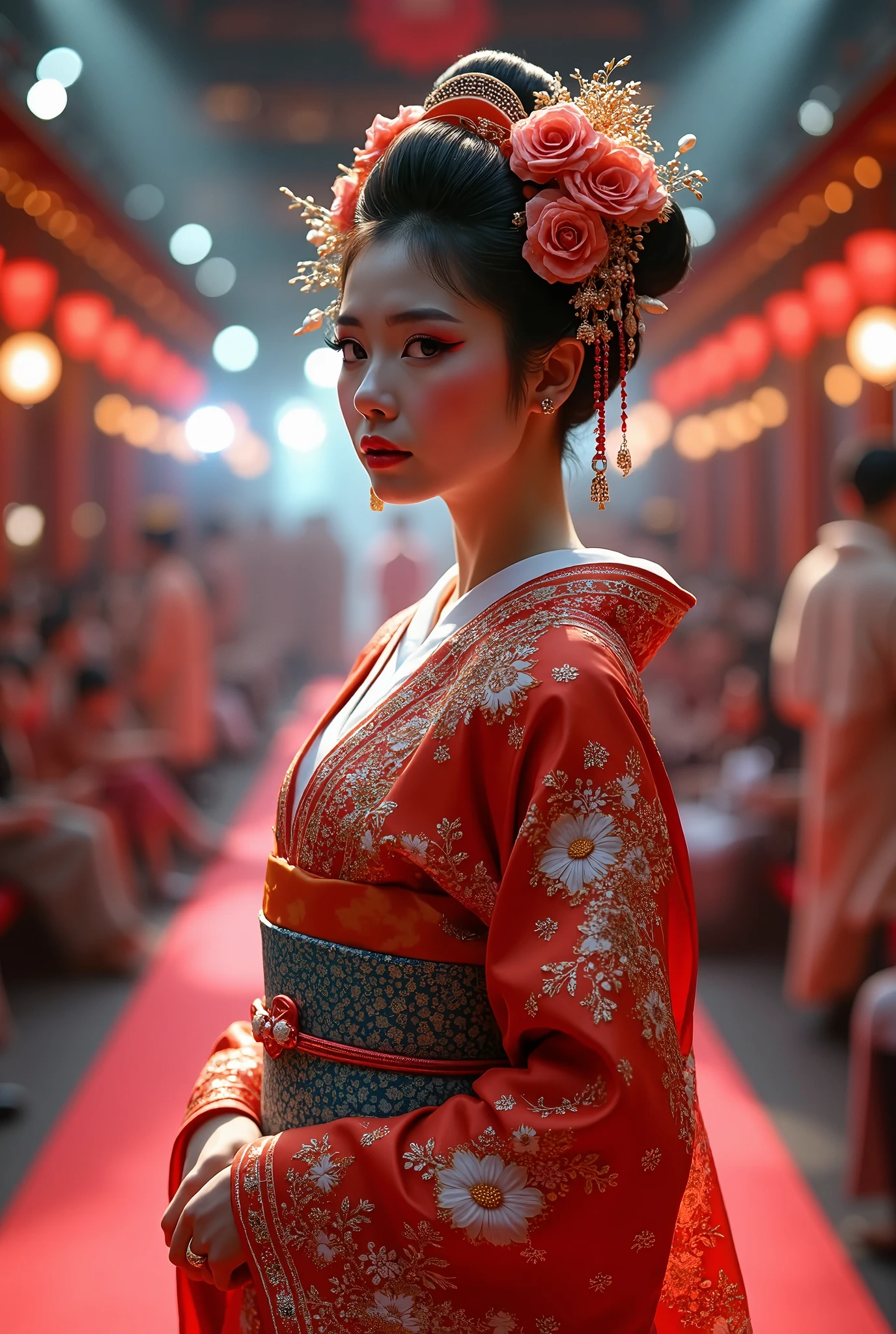 anime、 Fashion Show、Kabuki Stage、Beautiful Flower Girl 、花魁の Fashion Show、 Glittering Light and Costume ,Hanakai's red eyeliner is characteristic, flower opening makeup 