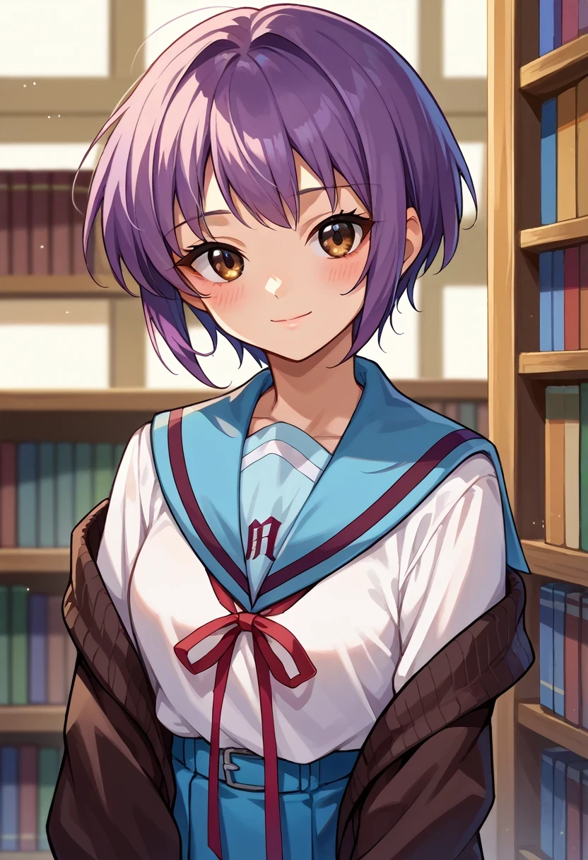 score_9, score_8_up, score_7_up, score_6_up, source_anime, 1girl, solo,  yukinagato, purple hair, short hair, brown eyes, black cardigan, blue sailor collar, white shirt, neck ribbon, pleated skirt, blue skirt, upper body, looking at you, light smile, closed mouth, blush, library, portrait