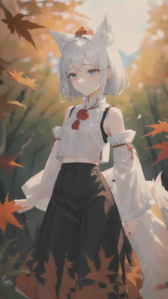 (One girl:1). masterpiece, magnificent, best quality, full body,slim. (Detailed, Focused:1.2) (White hair, bushy hair, fluffy hair), blue eyes, (big wolf ears, fluffy wolf tail, big tail:1). maple leafs. ( wolf tail, tokin hat, shirt, detached sleeves, long skirt, pom pom clothes, see-through silhouette:1.2).(Beautiful legs, flat chest:1.2). (shy, sad, kind:1.3). (Face close up:1.2). ( In maple forest, standing:1.3). (front view:1.2). (Maple leaves, autumnal:1.2).