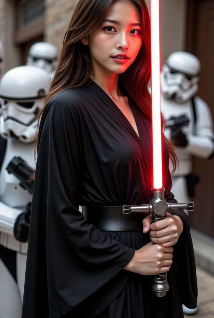 One girl, gal, very long hair、wavy hair、evil smile、heavy makeup、pointy ears、赤く光る目、
Create a super realistic and very detailed photo of a Jedi warrior. He is shown in a calm posture, dressed in a black cloak and holding a two-handed sword that glows red. The background is a wall of a ship. Stormtroopers in the background .、Highest quality、Super beautiful images、stand up