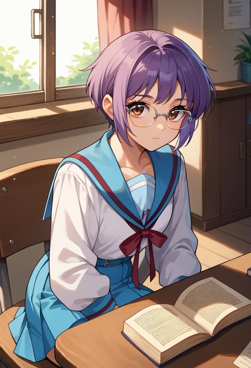 score_9, score_8_up, score_7_up, score_6_up, source_anime, 1girl, solo, yukinagato, purple hair, short hair, brown eyes, long sleeves, glasses, blue sailor collar, white shirt, neck ribbon, pleated skirt, blue skirt, sitting, holding book, indoors, table, window, looking up, looking at you