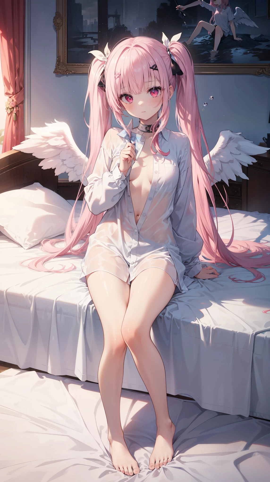  High image quality , masterpiece, Delicate Hair, Delicate eyes, Delicate Hair, ((masterpiece, 最 High image quality )),  High image quality , masterpiece, Delicate Hair, Delicate eyes, (Photo Original),One Girl, Full body depiction，((pink))，((Beautiful ite girl  )), ((pinkのLong Hair)),   twin tails, ((Red eyes)), (Angel Wings),Realist, face, ((Small breasts)), ((Wearing a shirt while naked))，((Bukabuka's shirt)), (( roomy clothes )), ((On the bed))，that&#39;that&#39;That&#39;s incredibly stupid..., Short Strap,  The depth of the boundary described,   High Resolution  ,   very detailed , Sharp focus, Cinema Lighting, Daikon,Long Hair,(loose Long Hair),Ruins,  Strong Shadows  ,Ash,,ice,((Ink wAsh painting)),((ink splAshing)),((color splAshing)),