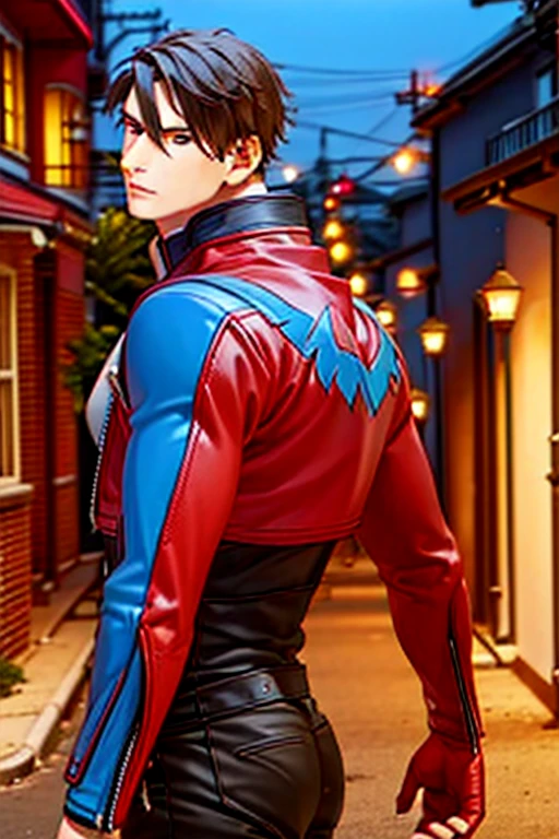 ( best quality), (Nightwing), (Overall view) Back Alley, A beautiful and attractive young man with a red leather jacket ,Beautiful and attractive young man, Lean Muscle,  with a cool and handsome face, with big butts 