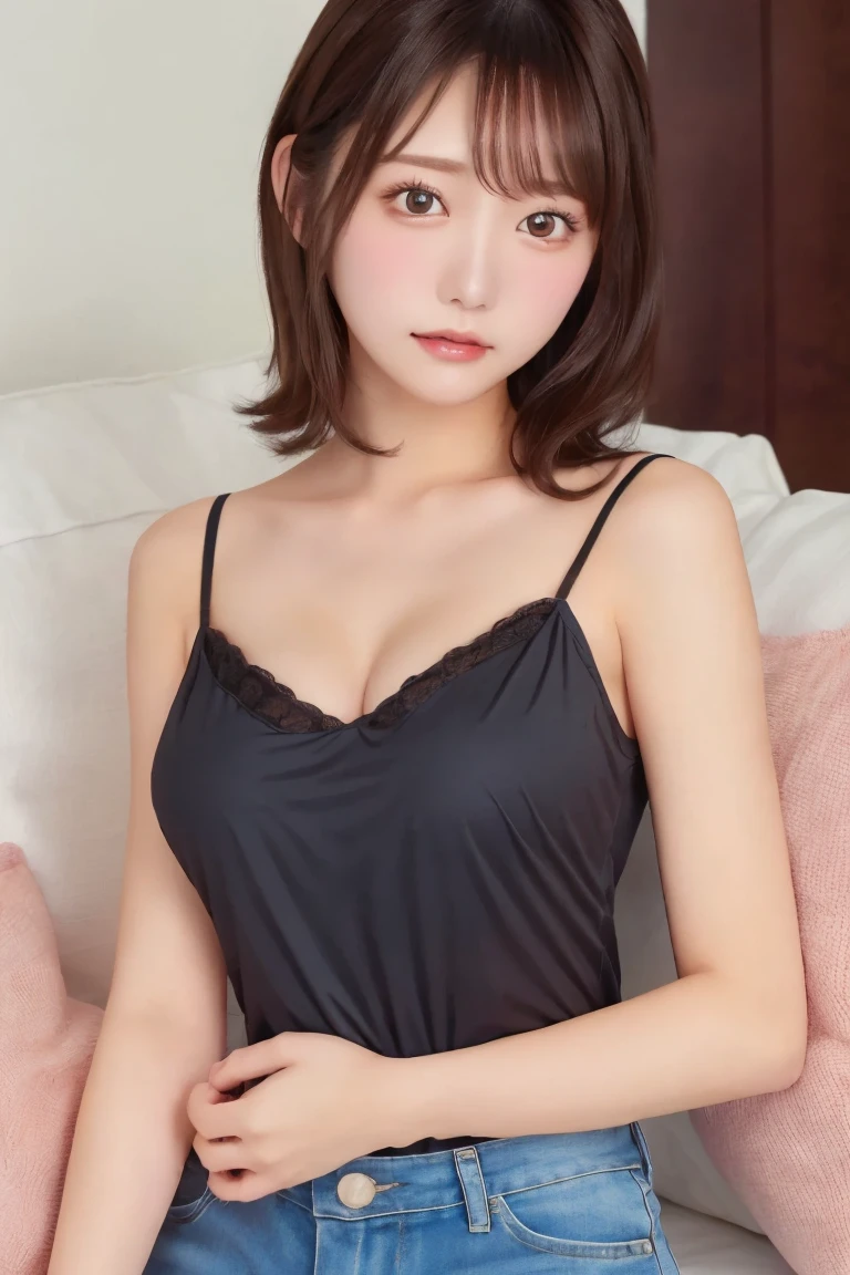 Best Quality, (beautiful)、beautiful女性、Precision Eyes、 medium hair 、 brown eyes 、Fine skin、 upper body、 holding large cushions in hands、Holding large cushions in hands 、Close-up、 camisole、 brown hair、 shorts、 small boobs