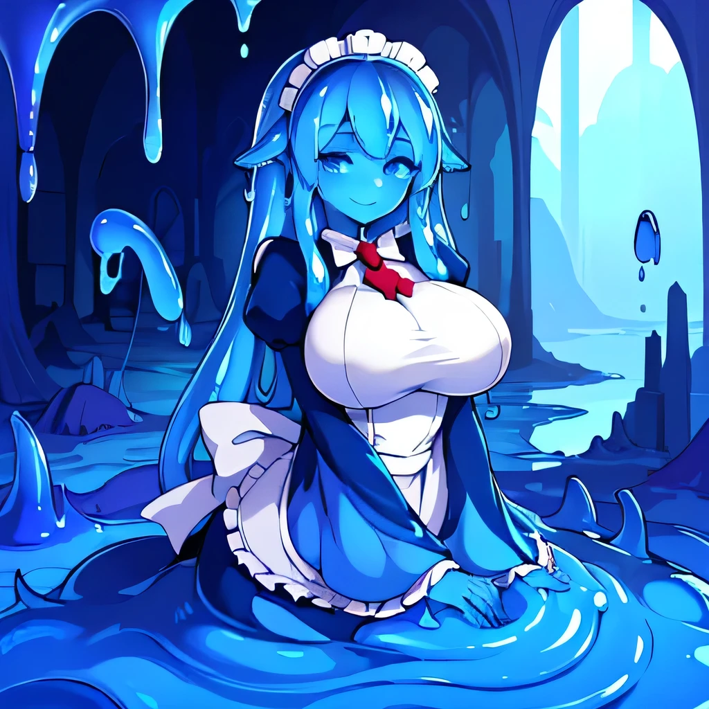  ((masterpiece,best quality,ultra-delicate,Perfect Face,16k,high resolution,very beautiful girl)),blue slime girl,high viscosity blue slime body,maid dress:1.5,large breasts,,smile,blue slimy caves,melting legs,long hair,upper body shot