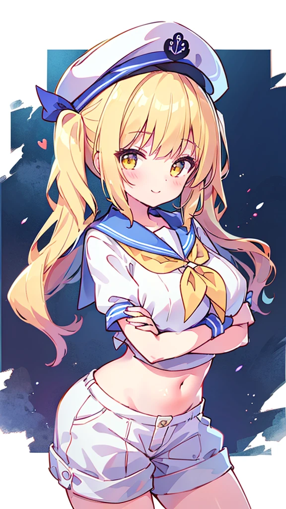 Twin-tailed golden-haired girl in sailor suit, Visible navel, Wear a hat and pants.a drawing of an anime character, clean line drawings, ultra cute girl, ultra cute face, ultra detailed eyes, ultra detailed hair, ultra cute, ultra beautiful, ((high end)), (UHD picture), (best quality,4k,8k,highres,masterpiece:1.2), top-quality(​masterpiece), top-quality, ultra-detailed, highly detailed texture, intricate details, high quality textures, masterpiece, best quality, perfect quality, perfect anatomy, perfect body, perfect symmetrical face, perfect hands, perfect feet, (two arms:1.2), (two legs:1.2), (five fingers each:1.2), (perfect joint:1.2), perfect joint movement, precise fingers and hands, 1 beautiful girl, 1 girl, alone, solo, , , ((())), ((ish)), (Best Quality, hight resolution), extremely detailed and lifelike, Vibrant colors, simple background, white socks, blonde hair, hat, blue sailor collar, twintails, sailor collar, sailor hat, yellow eyes, marine costume, short sleeves, shirt, blue neckerchief, white headwear, sailor, white shirt, white shorts, neckerchief, smile, Chiyuri, from behind, to lift up one’s skirt, cowboy shot, from front, standing, raise one leg, crossed arms, arms up behind, arms behind back, hand between legs, put hands hip, one hand on hip, forward hands, arms raised in the air, punch hands, peace sign, waving, put up index finger, sit, lie down, closed eyes, lie face down, looking back, put one hand chest, leaning forward, cleavage, close up, horizontally outstretched arms, horizontally outstretched legs, front view, front face, huge breasts for short stature, cleavage is clearly visible, G-Cup, heart hands, pointing at oneself