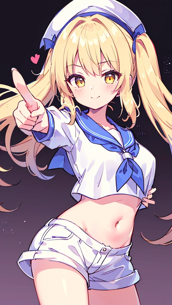 Twin-tailed golden-haired girl in sailor suit, Visible navel, Wear a hat and pants.a drawing of an anime character, clean line drawings, ultra cute girl, ultra cute face, ultra detailed eyes, ultra detailed hair, ultra cute, ultra beautiful, ((high end)), (UHD picture), (best quality,4k,8k,highres,masterpiece:1.2), top-quality(​masterpiece), top-quality, ultra-detailed, highly detailed texture, intricate details, high quality textures, masterpiece, best quality, perfect quality, perfect anatomy, perfect body, perfect symmetrical face, perfect hands, perfect feet, (two arms:1.2), (two legs:1.2), (five fingers each:1.2), (perfect joint:1.2), perfect joint movement, precise fingers and hands, 1 beautiful girl, 1 girl, alone, solo, , , ((())), ((ish)), (Best Quality, hight resolution), extremely detailed and lifelike, Vibrant colors, simple background, white socks, blonde hair, hat, blue sailor collar, twintails, sailor collar, sailor hat, yellow eyes, marine costume, short sleeves, shirt, blue neckerchief, white headwear, sailor, white shirt, white shorts, neckerchief, smile, Chiyuri, from behind, to lift up one’s skirt, cowboy shot, from front, standing, raise one leg, crossed arms, arms up behind, arms behind back, hand between legs, put hands hip, one hand on hip, forward hands, arms raised in the air, punch hands, peace sign, waving, put up index finger, sit, lie down, closed eyes, lie face down, looking back, put one hand chest, leaning forward, cleavage, close up, horizontally outstretched arms, horizontally outstretched legs, front view, front face, huge breasts for short stature, cleavage is clearly visible, G-Cup, heart hands, pointing at oneself