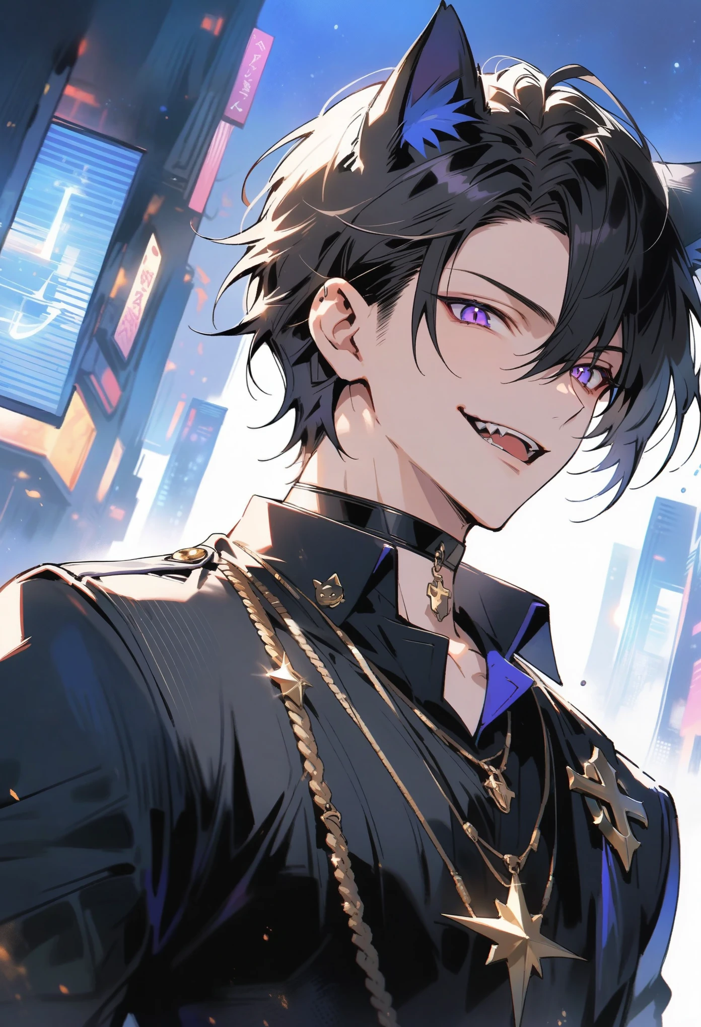 good looking, alone, 1 male, short hair, messy hair, (fangs), (smirk), (Solo), handsome, Black Hair, Purple eyes, Black Hair with blue tips, Black light, Bright, sharp eyes illuminate the scene,uniform, (masterpiece, Highest quality), city, night, From below,Lots of cool accessories, ((black cat ears)), (black choker), (black graphic tee), (dynamic angle)
