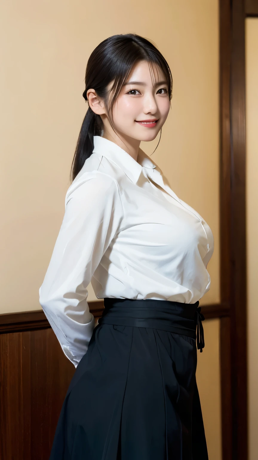 Smiling Japan beauty wearing secretary clothes,Black Hair,Straight Hair,Bobbed bangs,Amazing big breasts,Moderately fleshy legs