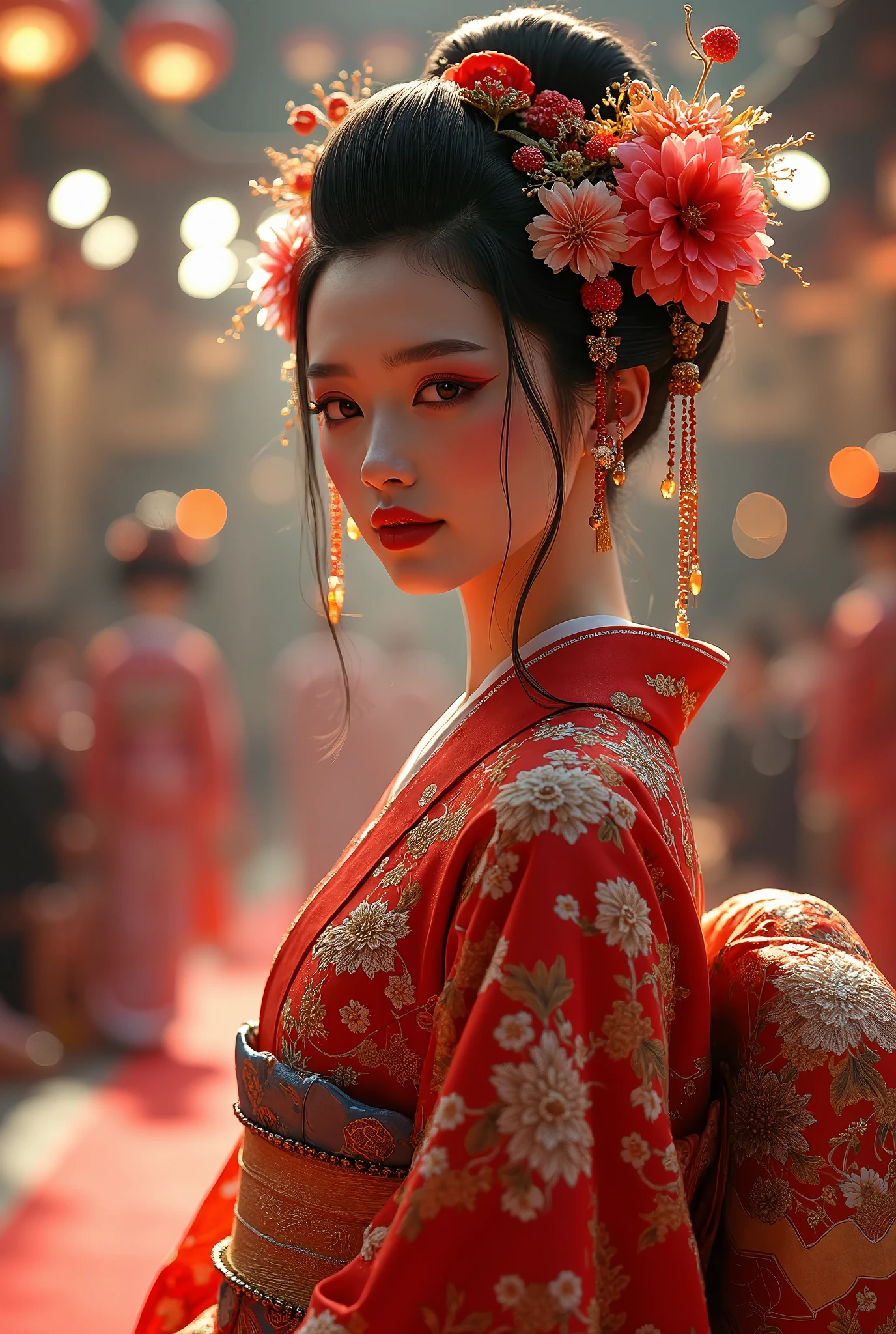 anime、 Fashion Show、Kabuki Stage、Beautiful Flower Girl 、花魁の Fashion Show、 Glittering Light and Costume ,Hanakai's red eyeliner is characteristic, flower opening makeup 