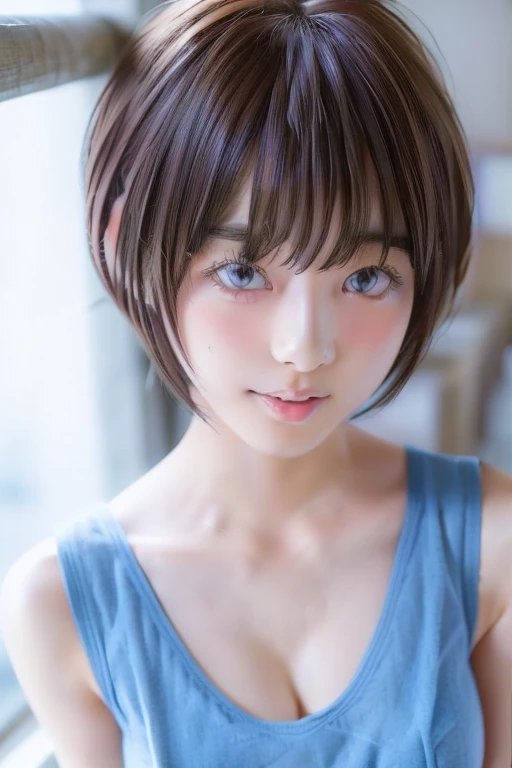 Short hair,  girl cute pretty face , Yoshitomo Nara, Cute - Beautiful - Face,  Japanese Model ,  realistic young gravure idol, Short hair with bangs, 🤤 Portrait of a Girl, Chiho, by Naoya Tajima ,  super huge breasts,  posing for a full-body photo of a woman wearing a blue bra top