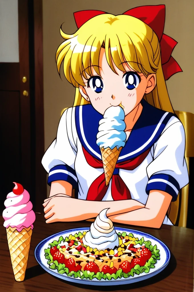 score_9,score_8_up,score_7_up,score_6_up,score_5_up,score_4_up,source_anime,
(masterpiece,highest quality,Super detailed,8k,High resolution,an extremely delicate and beautiful,Official Art,Perfect Anatomy:1.5),((90s anime,90s anime style,Cel-shaded anime,anime screencap,anime coloring:1.25)),(solo:1.5),
perfect face,beautiful,sexy,athletic body,shiny skin,
((aavenus,aino minako:1.52)), long hair, blonde hair, hair bow, tiara, earrings, blue eyes,
 red bow, school uniform, solo, bow, serafuku, sailor collar,neckerchief, short sleeves, red neckerchief, blue sailor collar,((eating ice cream:1.17))