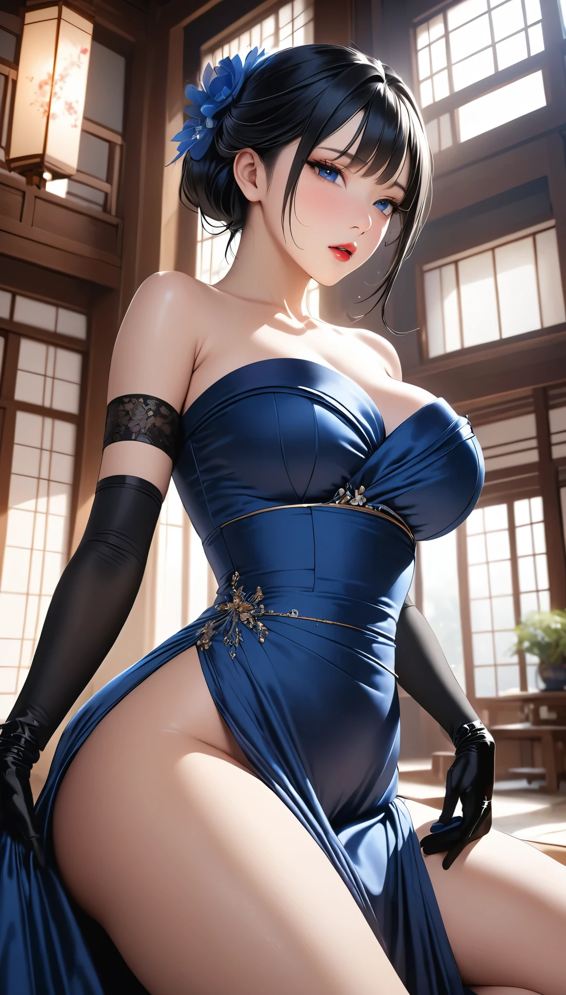 (masterpiece,Best Quality, super high definition),Inside the Western-style building,One Japanese woman,In heat,A seductive and alluring expression,Her beautiful black hair is tied back,bangs,,Pursing his lips,
 (((Very beautiful 20 year old))),Big Breasts、( dark blue satin tube top long dress:1.5),(Tight fit),
Bodyline,(Satin Opera Gloves:1.8),Knee-high boots,Satin has a very strong luster,(Lying on your back and spreading your legs :1.5)