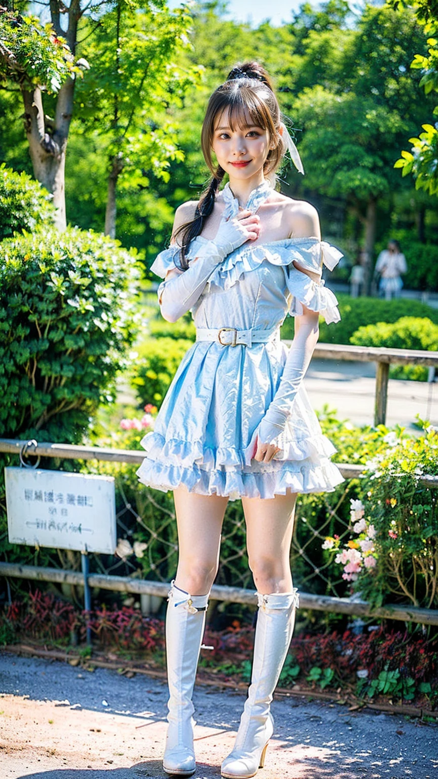 (8k、RAW Photos、 best quality、masterpiece:1.2)、(Realistic、Realistic)、1 person、((dress、White and light blue、 ponytail、boots、belt、ribbon、Frills、Large Breasts、Off the shoulder、 miniskirt 、Thin legs、whole body、smile、garden、 stand with their hands on their hips ))、cute