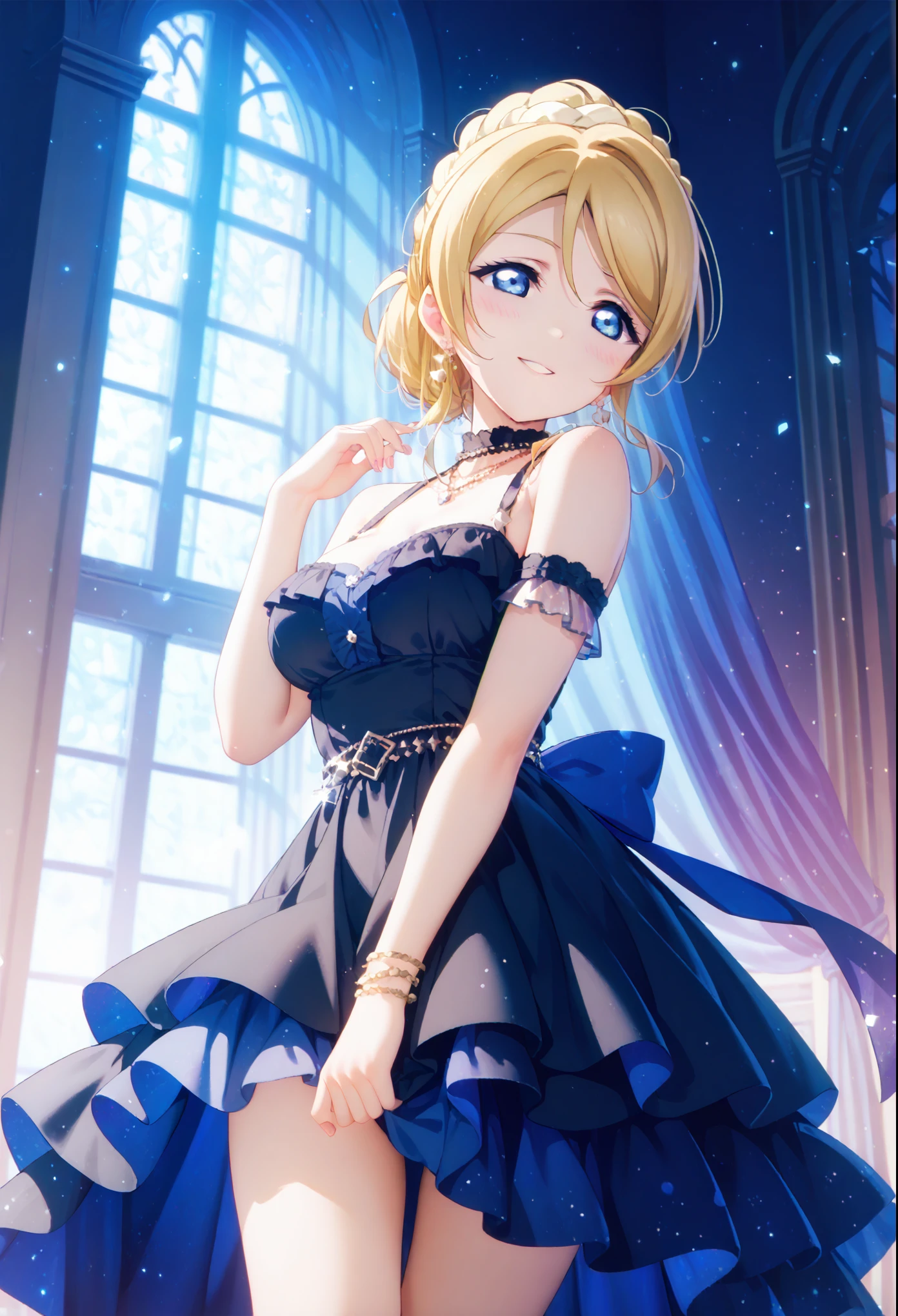 
Complex and detailed textures,cinematic lighting,best quality,ayase eli(love live),black layerd dress,thighhigh,blue lighting,blonde hair,