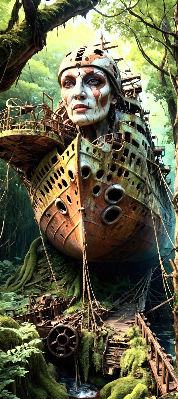 image of an abandoned ship rusting in the forest surrounded by pythons, realistic, 8k, full body.