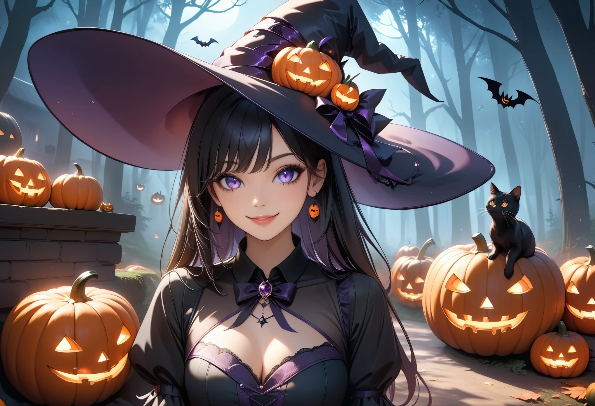 1girl, cute girl, sexy witch dress, night, black dress, long hair, magic, glowing, Halloween, highres, masterpiece, best quality, ultra-detailed 8k wallpaper, extremely clear