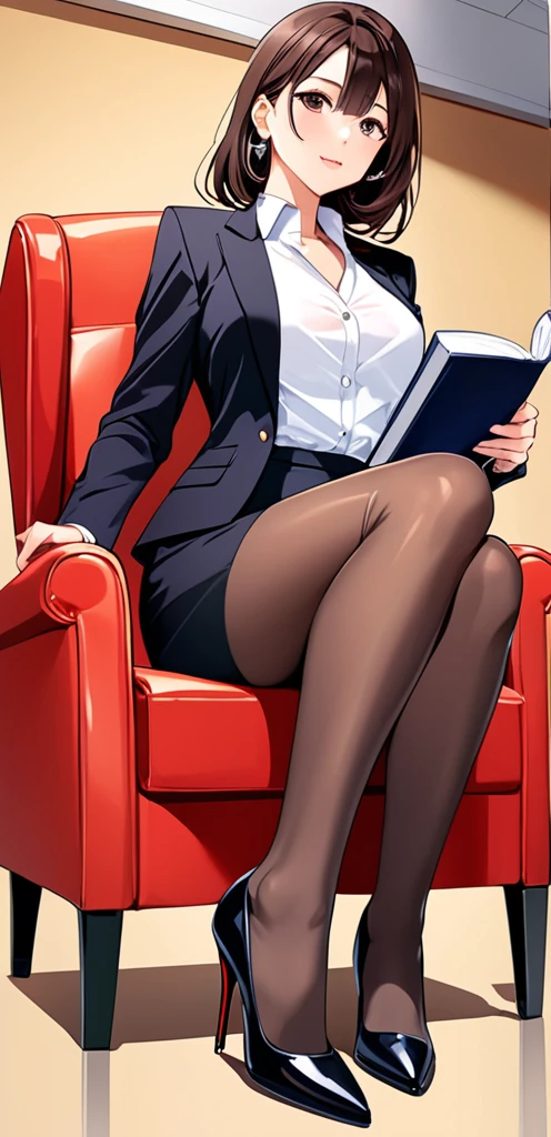 Masterpiece, Best quality, rich details , video game Genshin Shock, Genshin Impact style, 1 girl, (Seduction), (adult female), 30 years old, smoky crimson, lawyer, red shirt, black suit, yellow tie, bag skirt, gold wire-rimmed glasses, (black stockings), red high heels, sitting on chair, book, holding, full body, in the office, (((complex background))))