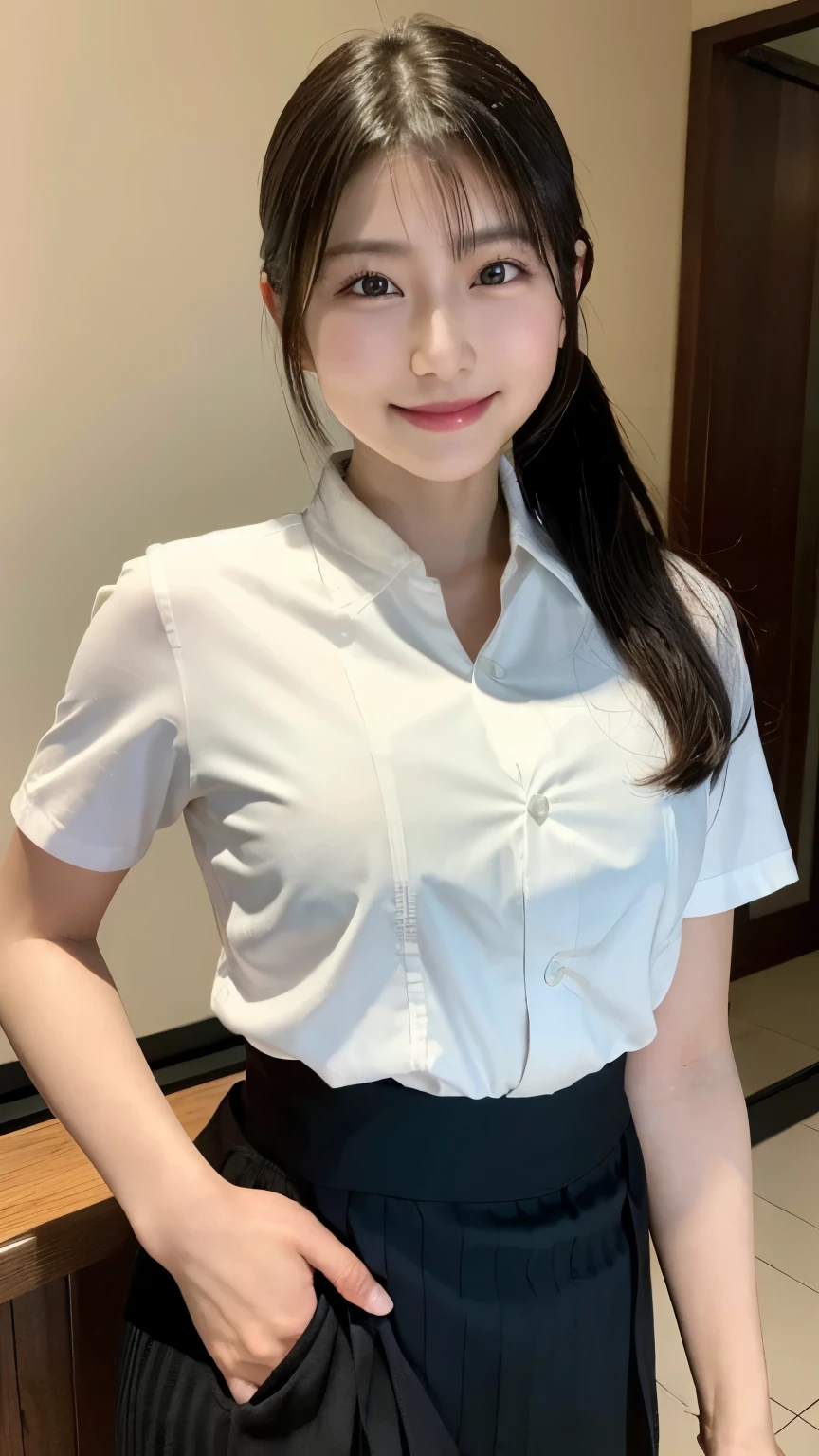 ((Best of the highest quality, 8k, Masterpiece: 1.3, raw photo)), Sharp focus: 1.2, (1 AESPA, slim body type female, 21 y/o: 1.1), (Solo: 1.2), (realistic, photo-realistic:1.37), face focus, cute face, finely eyes, (small breasts, flat chest, Thigh: 1.3), (short messy hair, bangs, updo: 1.28), (business shirt, panties: 1.32), cafe, bar, flower