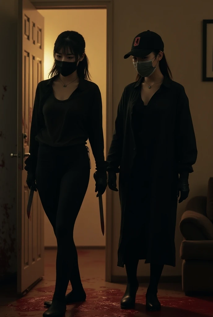 korean girl, (behind corpse, surgical mask), multiple girls, holding knife, stabbing, black gloves, room full of blood, black trench coat, bucket hat, holding knife, black gloves, behind corpse, blood splatter, ponytail, night, mass murderer, robbery, in the hotel, light from the window
