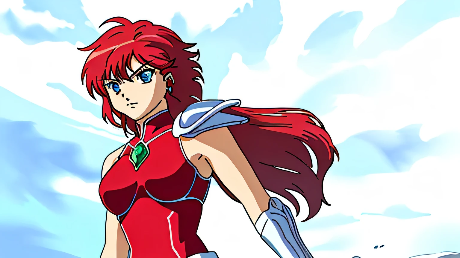  Close up of a woman wearing a red leotard holding a sword, Knight of the Zodiac Girl,  Portrait of a Zodiac Girl Knight , alone, Woman with short red hair, Blue Eyed Woman, Muscular Woman, feminine and muscular,  in Strawberry Quartz Armor ,  Lady Leotard Armor ,  Woman in a Leotard Outfit , Big Breasts,  Anime Moe Art Style , Boobs, 魅惑的なQueen Knight , Smooth anime CG art, Queen Knight , Galactic Queen, Big muscles, armored leotard, The leotard has a high-cut waist,  Prince of Strawberry Quartz ,  Strawberry Quartz Reflective Armor , breastplate armor,  Crystal Strawberry Quartz Armor , Black Pantyhose, digital manga art, shoulders armor,  Female Warrior,  High Quality Anime Art Style ,