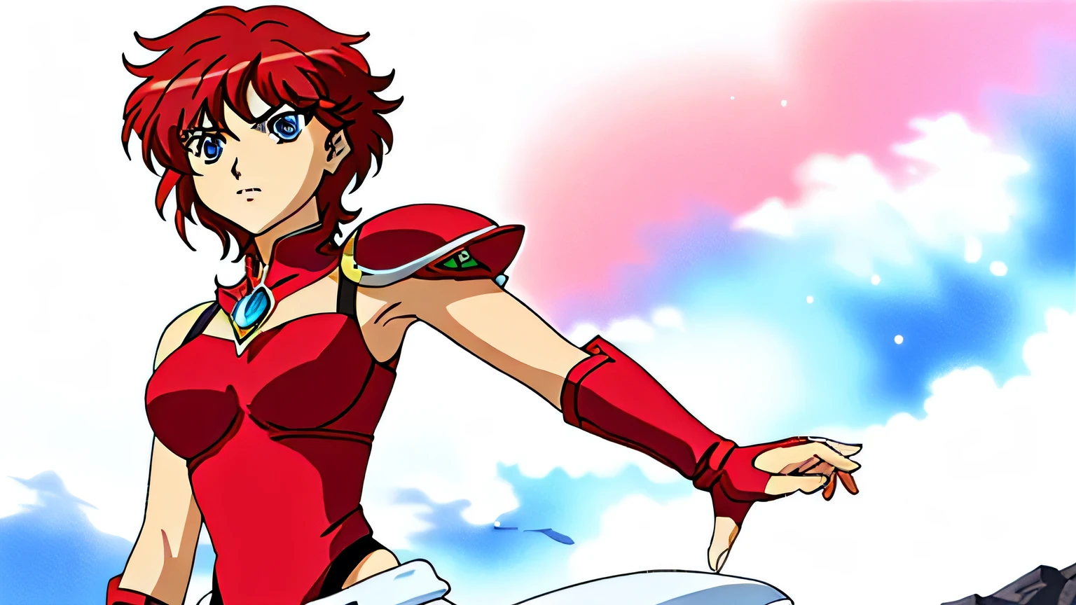  Close up of a woman wearing a red leotard holding a sword, Knight of the Zodiac Girl,  Portrait of a Zodiac Girl Knight , alone, Woman with short red hair, Blue Eyed Woman, Muscular Woman, feminine and muscular,  in Strawberry Quartz Armor ,  Lady Leotard Armor ,  Woman in a Leotard Outfit , Big Breasts,  Anime Moe Art Style , Boobs, 魅惑的なQueen Knight , Smooth anime CG art, Queen Knight , Galactic Queen, Big muscles, armored leotard, The leotard has a high-cut waist,  Prince of Strawberry Quartz ,  Strawberry Quartz Reflective Armor , breastplate armor,  Crystal Strawberry Quartz Armor , Black Pantyhose, digital manga art, shoulders armor,  Female Warrior,  High Quality Anime Art Style ,