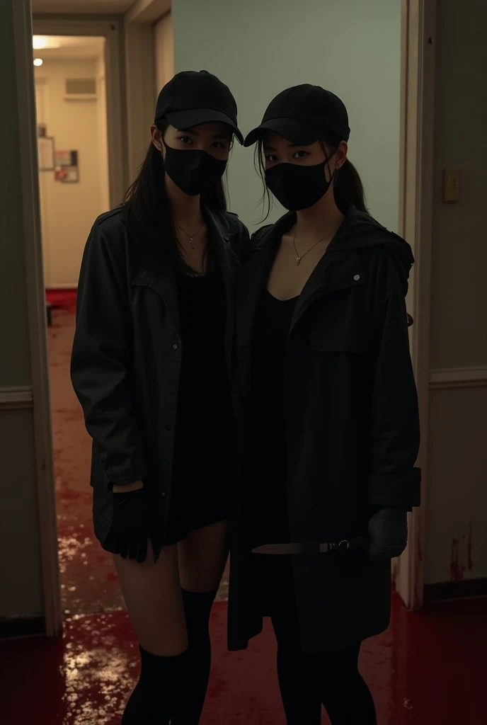 2 korean girls, (holding knife, black surgical mask), stabbing, black leather gloves, entrance of the house, black raincoat, girl only, bloody knife, leather gloves, looking at viewer, white room, blood splatter, night, mass murderer, killer, blood splatter, bloody room, behind multiple stiff, behind multiple cadaver,
