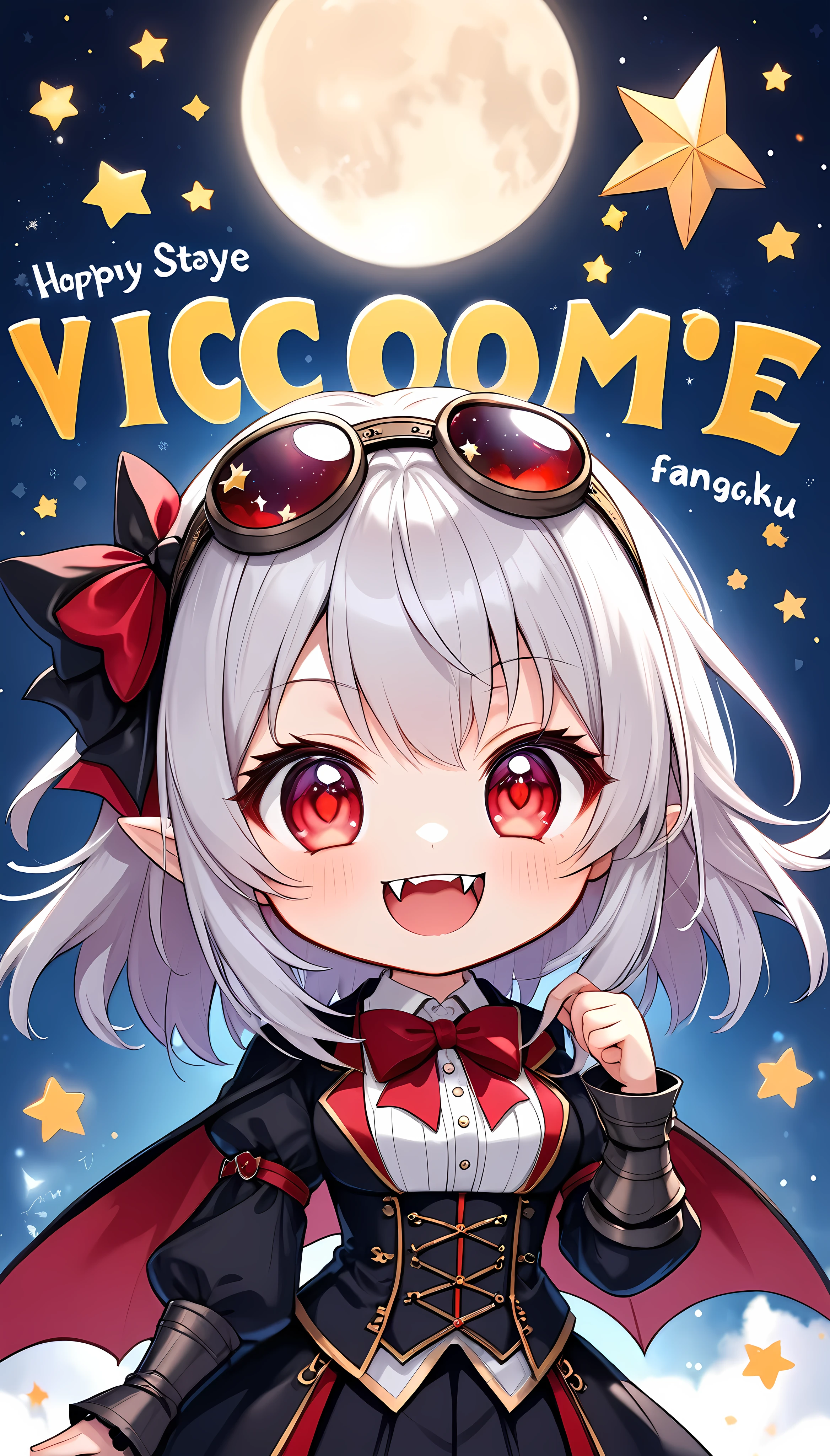 1girl, chibi style, vampire girl, /character "Atlas"\, red eyes, vampire fangs, bow tie on head, happy face, holding fansign with text "Vicomte Bikachu", text font style medieval, sparkling star and moon background