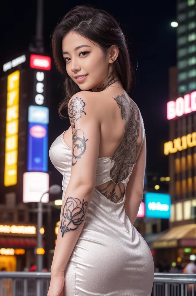 A beautiful girl, Japanese gyaru, gray eyes, silver hair, (choco skin:1.3), (oily skin:1.2), big breasts, Smile, (half close eyes), (Shiny cheeks). glory lips, long eyelashes, fullbodytat, (Detailed and beautiful tattoos:1.2), standing, woke, turn around, black lace offshoulder dress, Beautiful teeth, sunset time, NYC, Times Square, crowd, Realistic photograph, (best quality:1.5), (hyper-realistic:1.2), (high resolution:1.5), (Cinematic Lighting:1.2), from below, wide view, upper body shot, back shot, RAW photo, (4k. 8k precision image), detailed textures, eyes focus, sharp focus,ultra-detailed, bokeh,