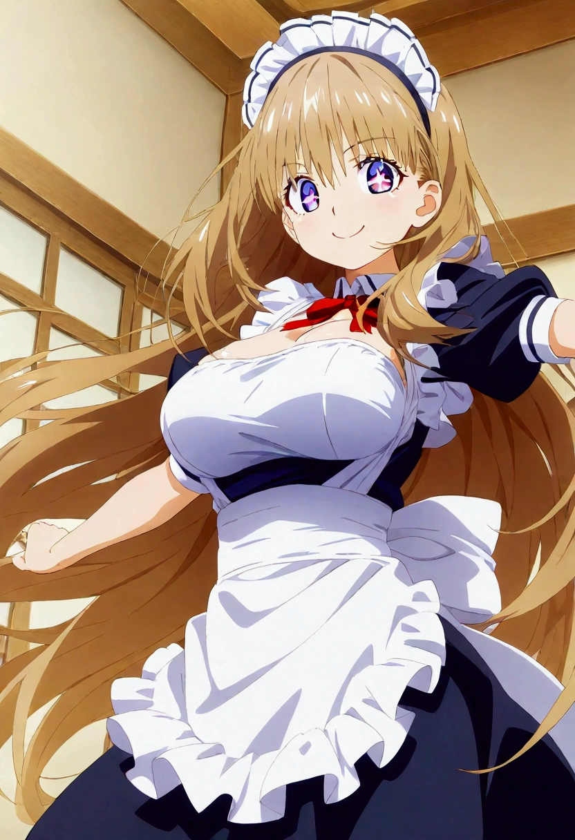 Beautiful 18 year old girl, Big Eyes, Large Breasts, Small and slim, 8k, Best Quality, ( very detailed head: 1.0), (Highly detailed face: 1.0), (  very detailed hair: 1.0), Maid uniform,  very detailed official artwork,  Anime Moe Art Style ,   Clean Detailed Anime Art , smile, Golden Hair, Sleek long hair