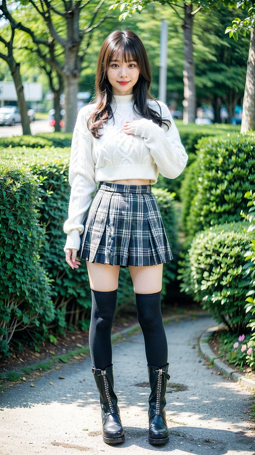 (8k、RAW Photos、 best quality、masterpiece:1.2)、(Realistic、Realistic)、1 person、((boots、ribbon、Large Breasts、Knitted sweater、Breast enlargement、 black plaid miniskirt、Thin legs、whole body、smile、garden、 stand with their hands on their hips ))、cute