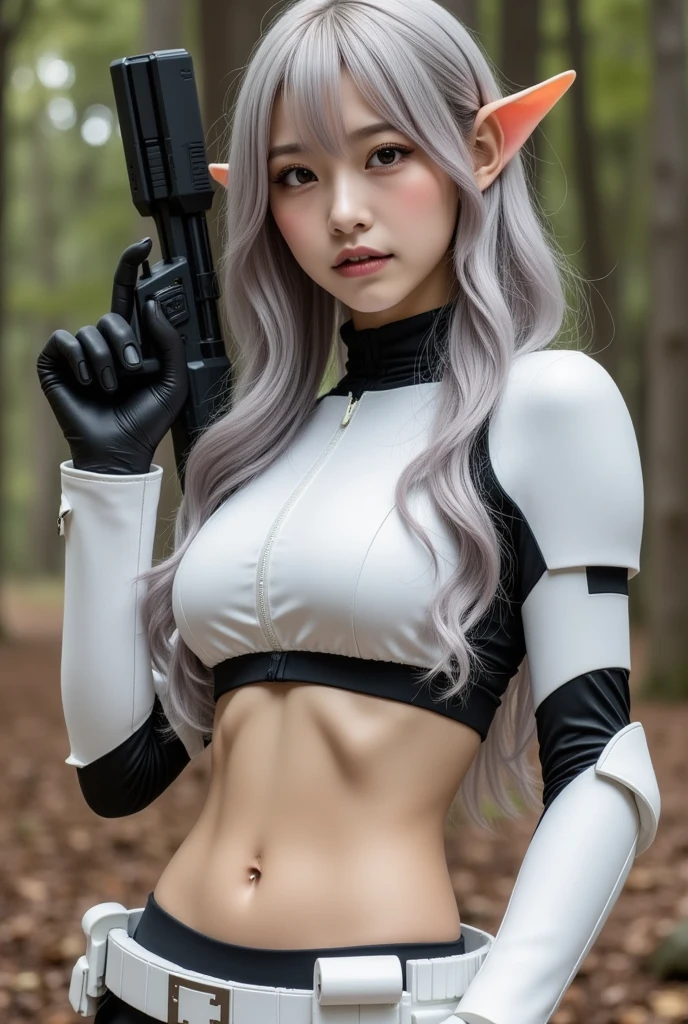 One girl, gal, very long hair、silver hair、wavy hair、evil smile、heavy makeup、pointy ears、 red eyes
Stormtrooper's beautiful girl, stylish, with BB-8 behind 、Holding a blaster ,Best Quality、 Super beautiful images、Standing in the wilderness 