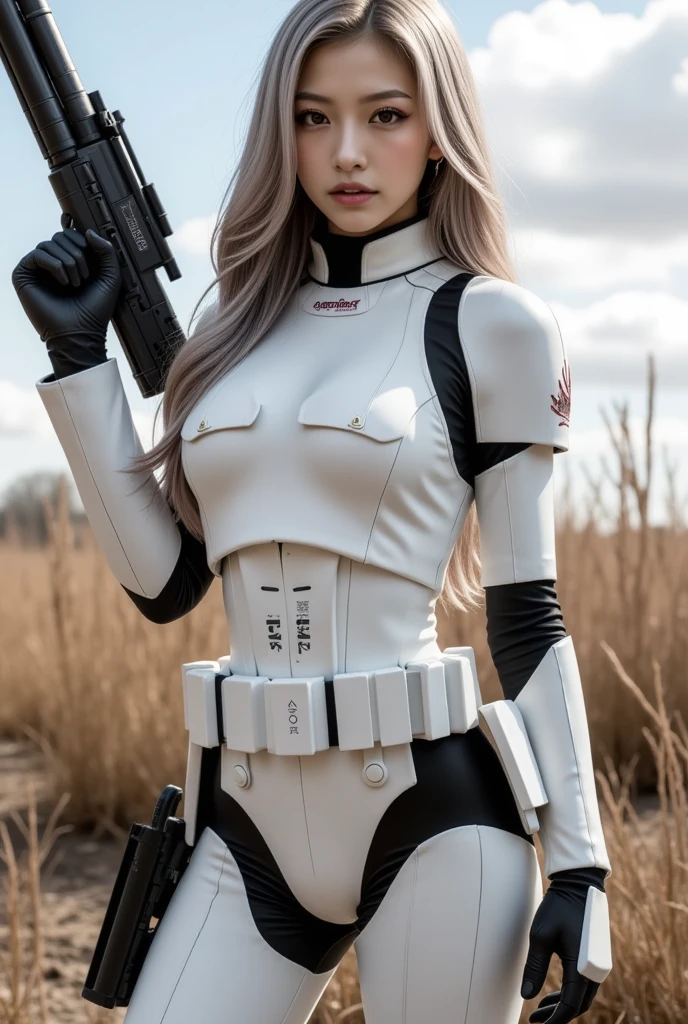 One girl, gal, very long hair、silver hair、wavy hair、evil smile、heavy makeup、pointy ears、 red eyes
Stormtrooper's beautiful girl, stylish, with BB-8 behind 、Holding a blaster ,Best Quality、 Super beautiful images、Standing in the wilderness 