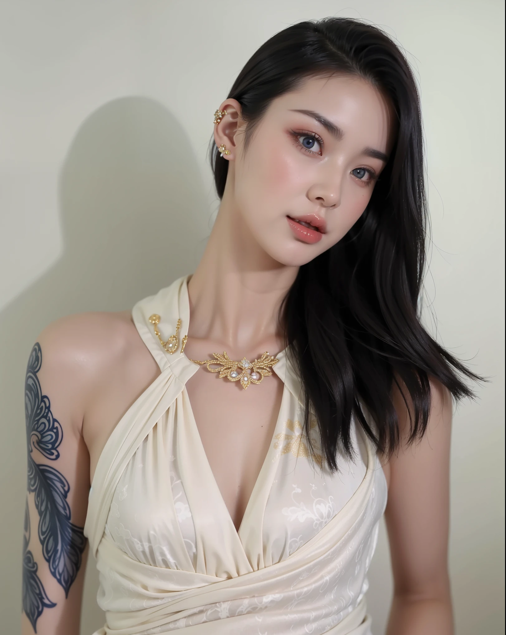 ((Masterpiece, Best quality:1.3), (ultra detail:1.3), 1 girl, One, (dark hair, shoulder-length, long hair), (elegant body, dark stylish T-shirt, beautiful hands in jewelry bracelets, tattoos), ( rock star)). ((Calm look, relaxed pose, holding a lily flower in his hand.) (standing). (Modern interior, art deco, studio room, many flowers - lilies, high ceilings)) . Best quality, (SURREALISM: 1.3)). (real flowers decorate the interior in simple glass vases on the floor), (the flowers look amazing). ((masterpiece: 1.2), (realism: 1.2), (Best quality), (special attention to character, colors, room elements: 1.3)). (Open window, exquisite design, mostly in light colors: white, blue, yellow, gold). (High light ceiling).((Realistic 3D visualization, super detail, ray tracing, flooded sunlight, contrasting shadows - cool tones, warm soft light)). Modern style (Modern), (High-Tech), (Surrealism: 1.3), Excellent, high quality. Hand-drawn realism.