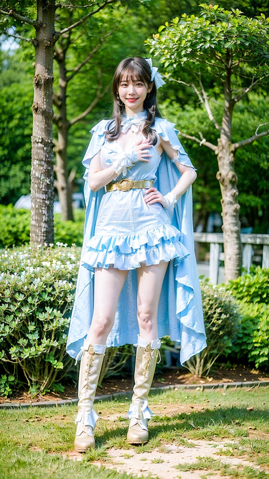 (8k、RAW Photos、highest quality、masterpiece:1.2)、(Realistic、Realistic)、1 girl、((Light blue and white、Shorts、Belly button、Cape、smile、Off the shoulder、Frills、ribbon、See-through、stage、編み上げboots、garden、garter belt、View from the front、boots、Standing with hands on hips))、