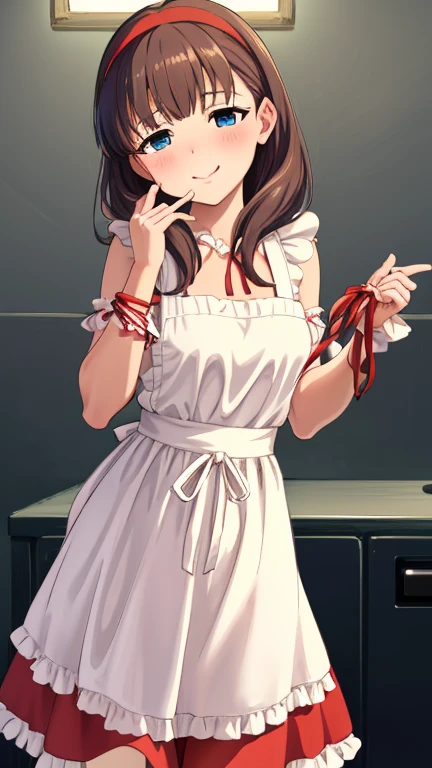 Best Quality、 High Resolution 、High image quality、 High Resolution 、(Glossy lips、  Glowing Skin 、 Realistic Skin Texture 、Checked Apron、kitchen)、 staring at me 、Love me、、 smile with your mouth open ,Naked Apron),Sakuma, One Girl, heart, blue eyes,  headband ,   viewers, Red ribbon, frills, smile,  yandere